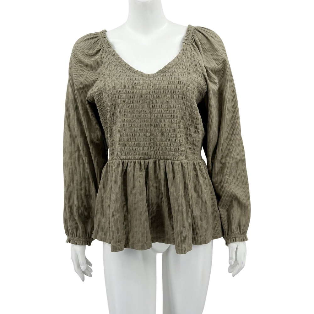 Old Navy Top Womens 2X Green Smocked Peplum Stretch Boho Earthy Peasant V-Neck